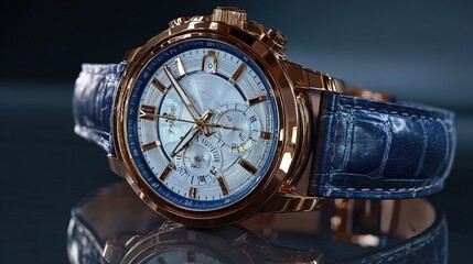 Rose-gold and blue chronograph wristwatch with a textured blue leather strap, resting on a reflective surface against a dark backdrop.  The watch features a white dial with intricate detailing