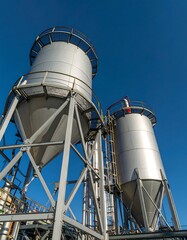 Industrial storage tanks against a clear sky