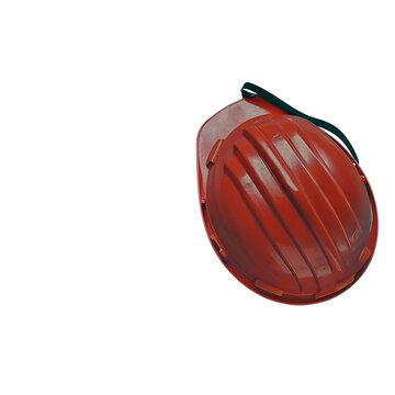 Red safety helmet on teal wood