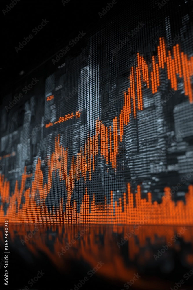Poster stock market graph displaying financial data with an abstract cityscape background on a screen