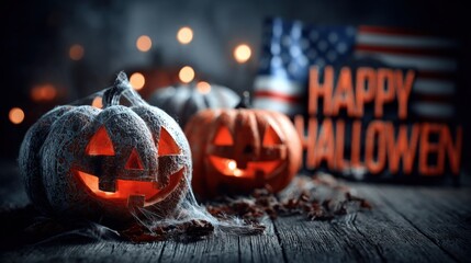 Spooky Halloween Jack o' Lanterns Display on Rustic Wooden Surface with American Flag Backdrop and Decorative Lighting
