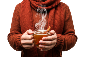Person in a cozy sweater holding a steaming mug of hot tea with a cinnamon stick.