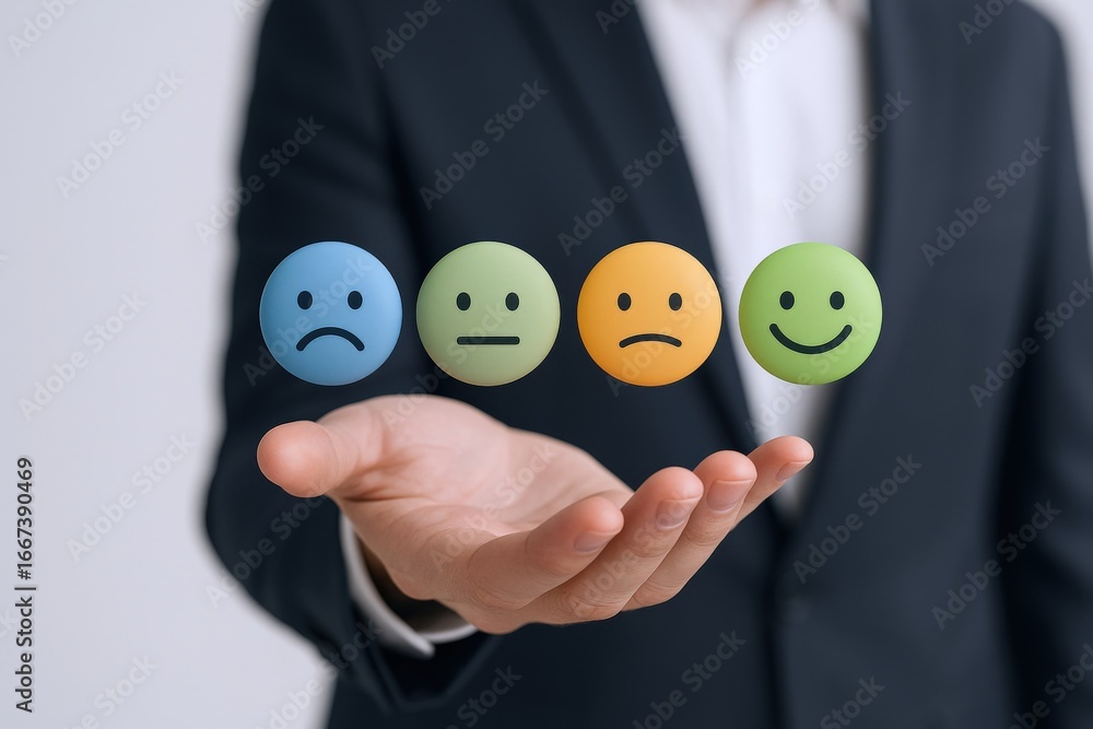 Poster customer feedback analysis with hand presenting emotion icons reflecting user experience and satisfa