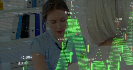 Listening doctor in scrubs using stethoscope in clinic room, with binders, financial chart overlays