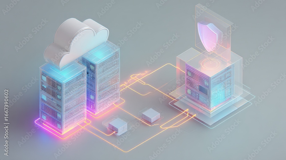 Poster cloud computing network infrastructure with data servers and cyber security protection, isometric di
