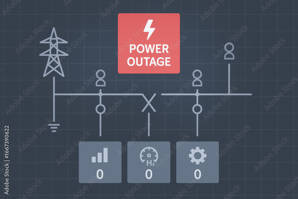 Aufkleber power outage alert with electrical grid diagram showing zero signal frequency and gear status indica