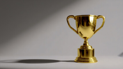 Golden trophy on a white background with a spotlight.This golden award or gold first-place trophy represents the concept of success and victory in a competition