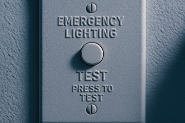 Emergency lighting test button on textured wall designed to ensure power outage safety and functionality during emergency situations
