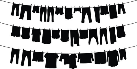 Clothesline silhouette with hanging clothes, laundry drying on rope, black vector design, pants, shirts, household garments, clean fabric illustration