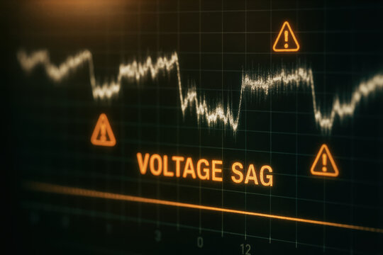 Voltage sag warning on digital screen indicating power outage risk with fluctuating electrical signal and alert symbols