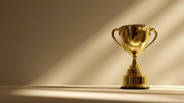 Golden trophy on a white background with a spotlight.This golden award or gold first-place trophy represents the concept of success and victory in a competition