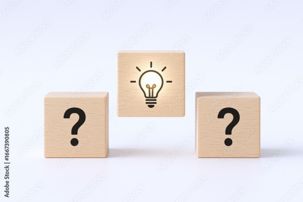 Poster conceptual image of questions and ideas represented by wooden blocks on a white background
