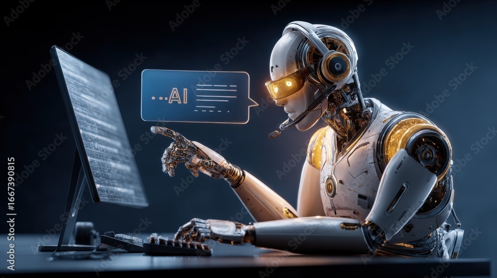 Poster futuristic robot assistant working with ai interface on computer, representing advanced technology a