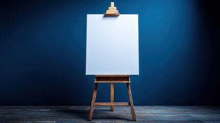 Blank Canvas on Wooden Easel Ready for Painting in Studio with Dark Blue Background