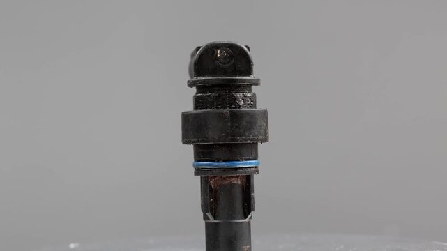 Sensor speed Allison transmission, A black plastic sensor with a metal fitting and a blue O-ring on a solid gray background. 