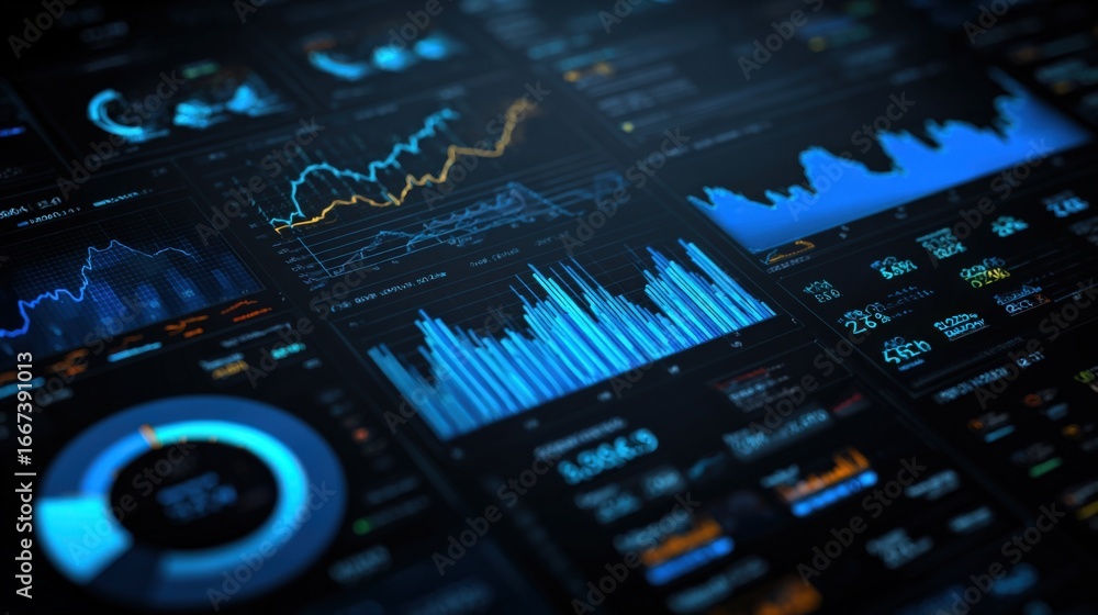 Poster futuristic data analytics interface with financial charts and business intelligence graphs displayed