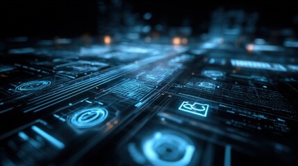 Abstract Futuristic Technology Background with Glowing Blue Digital Interface and Data Stream Visualization