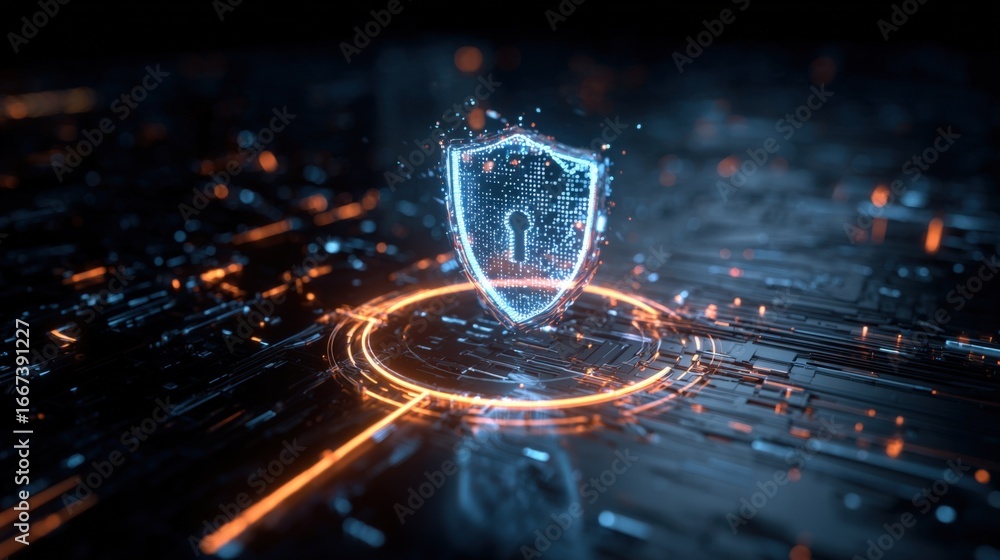 Poster digital security shield icon with keyhole, cyber protection and data encryption, futuristic technolo