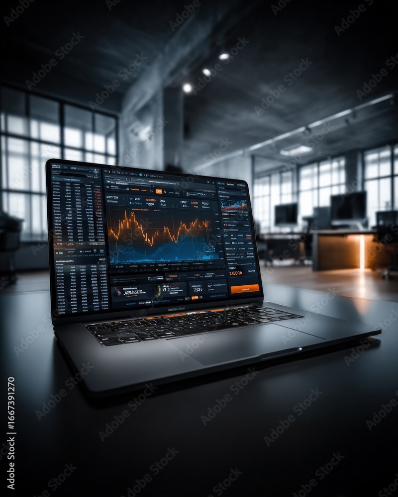 Poster laptop displaying stock market data in modern office setting for financial analysis and trading