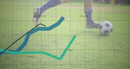 Kicking athlete wearing blue socks and black cleats on grass, kicking soccer ball with grid, graphs