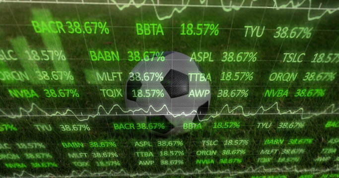 Hovering soccer ball floating over grass field, with ticker symbols percentage figures line graphs