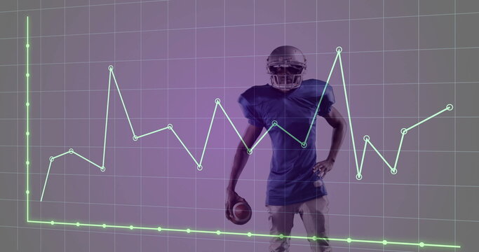 Standing football player holding football, wearing helmet and pads in studio, with graph overlay - Powered by Adobe