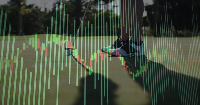 Showing golfer wearing sports shoes on putting green, with golf putter, golf ball and data overlays