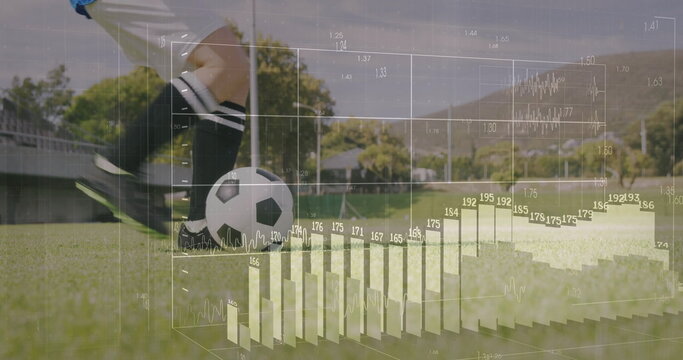 Dribbling athlete wearing neon cleats controlling soccer ball on grass pitch, with chart overlay - Powered by Adobe