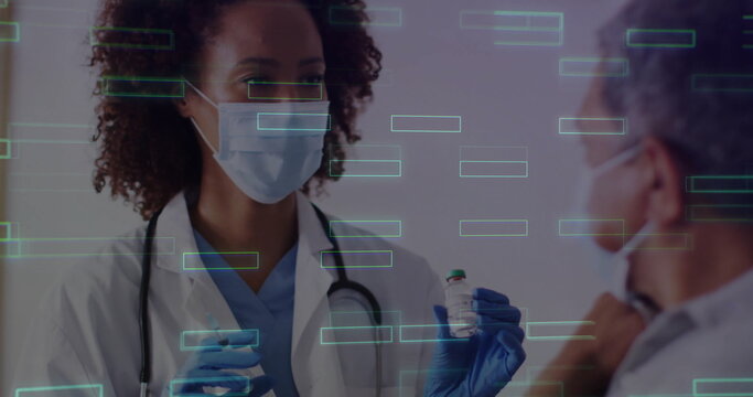 Showing vaccine vial doctor in lab coat explaining dose in clinic, with digital overlay, copy space