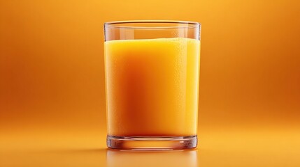 A clear glass tumbler filled with vibrant orange juice, against a smooth, warm orange background