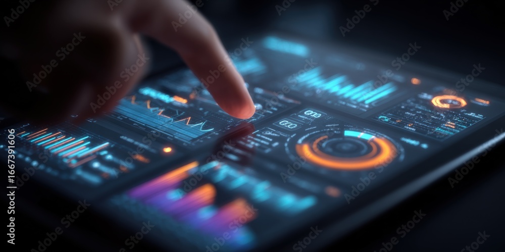 Poster finger interacting with futuristic digital interface displaying data analytics and financial insight
