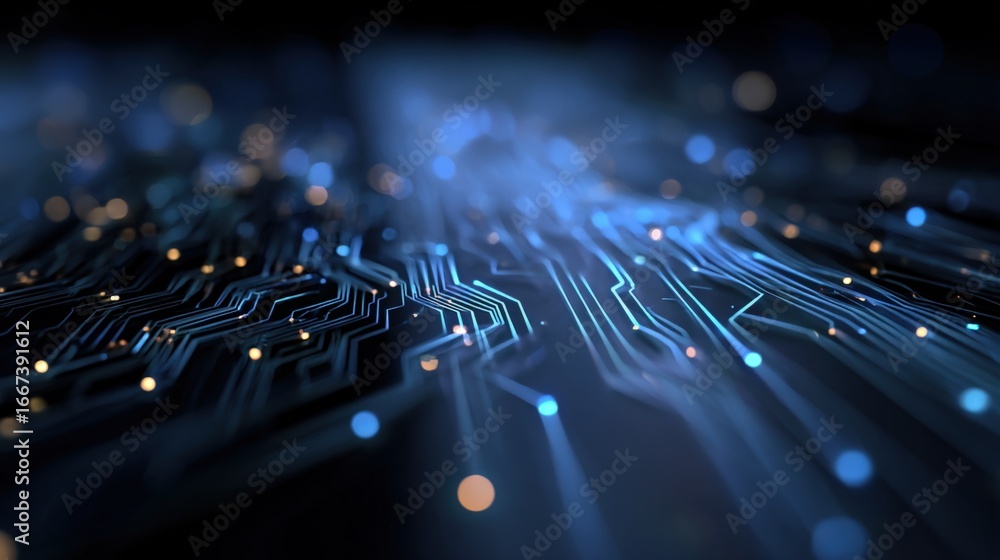 Poster abstract circuit board illustration with glowing connections representing technology and data flow f