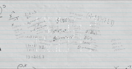 Showing ruled notebook sheet lying on desk, with pencil written algebra and calculus formulas
