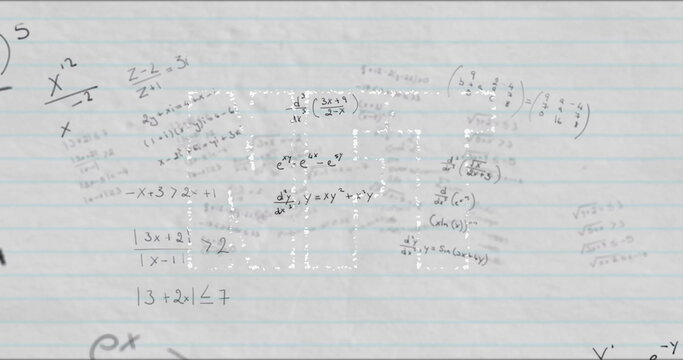 Showing ruled notebook sheet lying on desk, with pencil written algebra and calculus formulas - Powered by Adobe
