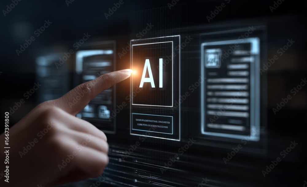 Poster finger touching ai artificial intelligence digital interface on screen technology future innovation