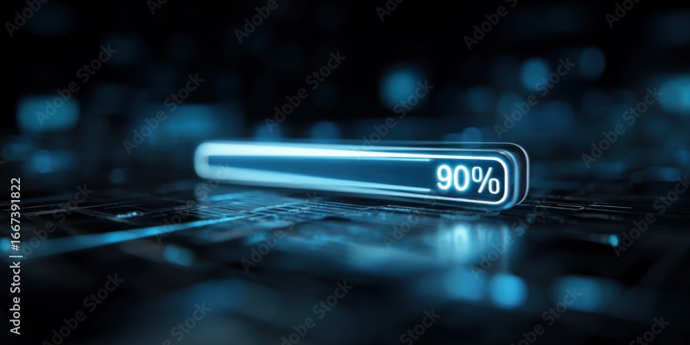 Poster futuristic glowing loading bar at 90 percent on tech surface, illustrating data transfer and progres