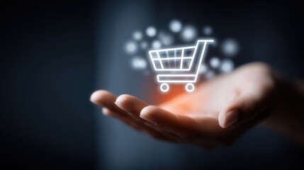 Digital Commerce Concept: Hand Presenting a Glowing Shopping Cart Icon for Online Retail