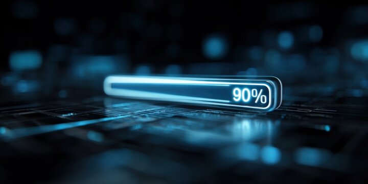 Futuristic Glowing Loading Bar at 90 Percent on Tech Surface, Illustrating Data Transfer and Progress