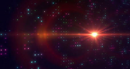 Radiating star-like flare glowing on right side in digital space, with pixel points, copy space
