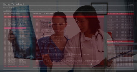 Nurse and doctor reviewing records in clinic hallway, with tablet and stethoscope code overlay