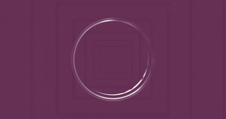 Displaying glowing circular ring receding into purple background, with concentric square frames