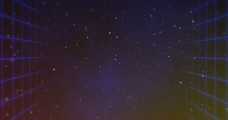 Glowing star-like points drifting across gradient backdrop, with neon-blue grid lines receding