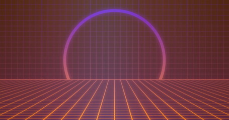 Emerging neon semicircular ring above wireframe grid floor in digital realm, vertical grid backdrop