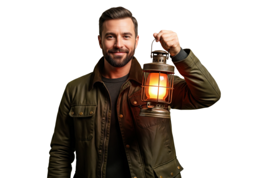 Handsome bearded man in a jacket smiling while holding a glowing vintage lantern.