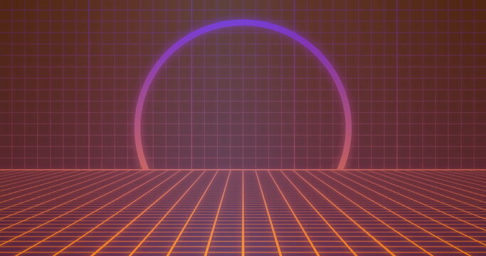 Fototapeta Emerging neon semicircular ring above wireframe grid floor in digital realm, vertical grid backdrop