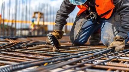 Reinforcing steel worker in safety helmet and work gloves, cutting and tying steel bars with wire, standing beside a construction site’s concrete formwork, preparing reinforcement for building structu