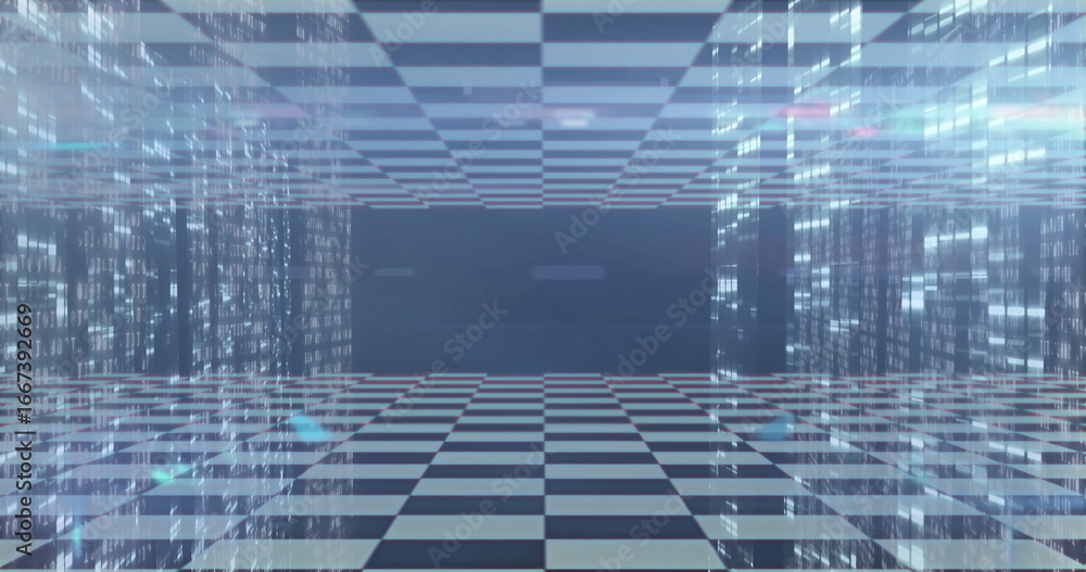 Poster mirrored checkered corridor receding in virtual simulation, with glowing digital code projections