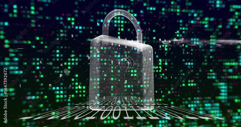 Poster displaying wireframe digital padlock glowing in cyberspace, with binary grid and floating squares