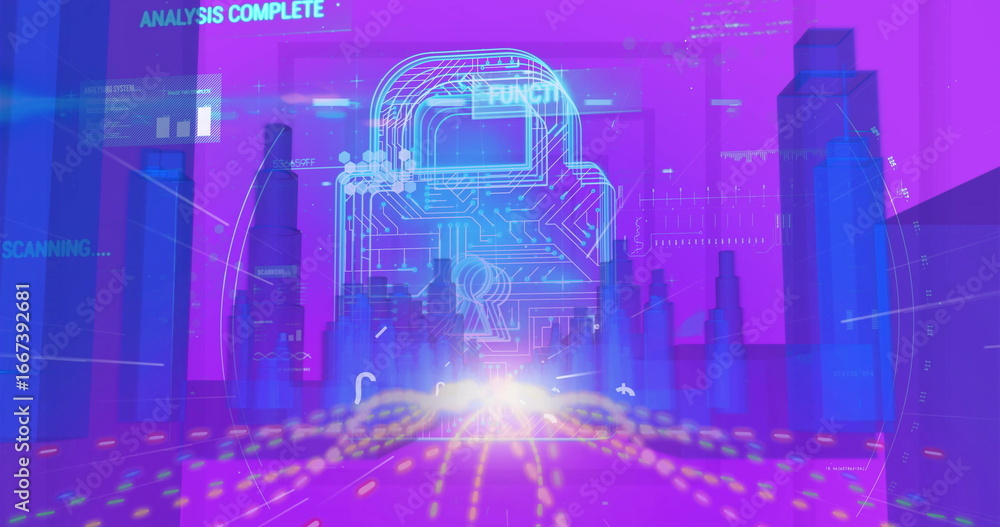 Poster displaying padlock icon floating in digital dashboard, with holographic skyline and data streams