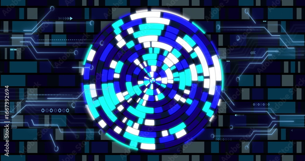 Poster displaying segmented data wheel rotating on grid panel, with circuit lines and arrow nodes
